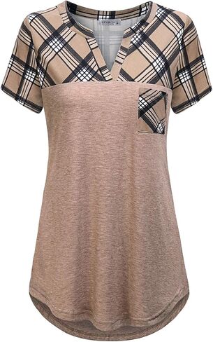 MOQIVGI Womens Short Sleeve Vneck Hi Low Hem Patchwork Tops with Pocket in Kuwait