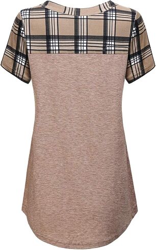 MOQIVGI Womens Short Sleeve Vneck Hi Low Hem Patchwork Tops with Pocket in Kuwait