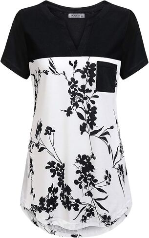 MOQIVGI Womens Short Sleeve Vneck Hi Low Hem Patchwork Tops with Pocket in Saudi Arabia