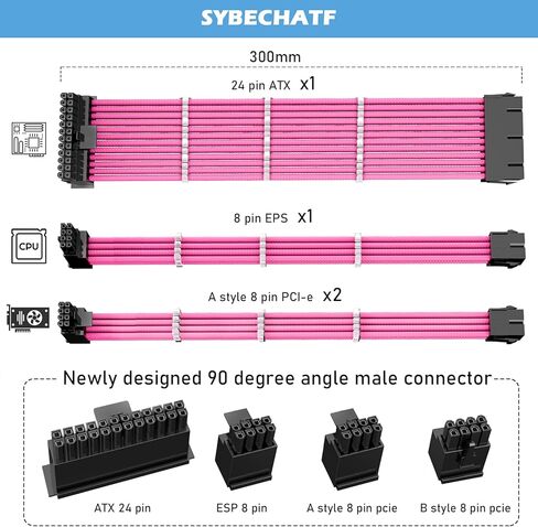 Power Supply PSU Sleeved Extension Cable Kit with 90 Degree Right Angle Connector Adapter,ATX/EPS/8 Pin PCIE for PC PSU Cable Pink with Combs 4 Pack 30CM in Kuwait