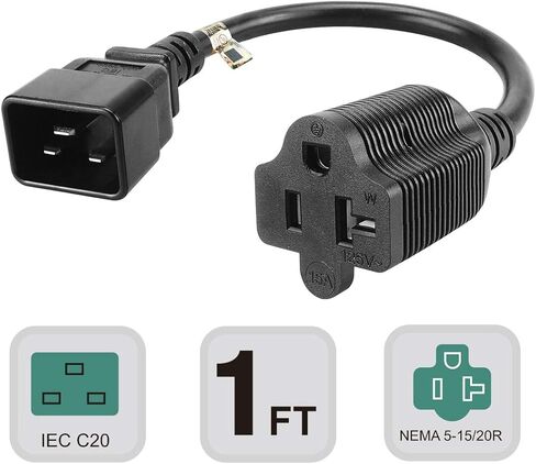 1 قدم IEC 320 C20 ذكر إلى Nema 5-15/20R كابل محول مشط، C20 16Amp إلى T Blade 20Amp AC Cable، 16Amp UPS Plug to Nema 5-20R 20Amp Power Cable in Kuwait