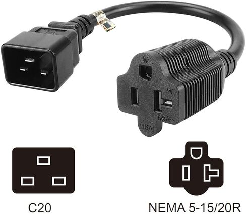 1 قدم IEC 320 C20 ذكر إلى Nema 5-15/20R كابل محول مشط، C20 16Amp إلى T Blade 20Amp AC Cable، 16Amp UPS Plug to Nema 5-20R 20Amp Power Cable in Kuwait