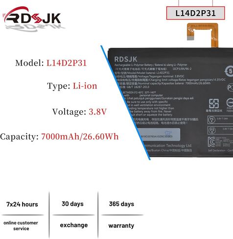 L14D2P31 بطارية كمبيوتر محمول لينوفو تبويب 2 A7600-F A10-70F Tab2 A10-30 A10-30L A10-30F A10-70 A10-70L A10-70LC 10 زائد اللوحي TB2-X30 TB2-X30F TB2-X30L TB2-X30M SB18C03763 3.8V 7000 مللي أمبير 26.6 واط في الساعة مع الأدوات in Saudi Arabia