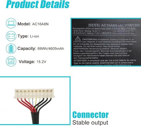 بطارية كمبيوتر محمول AC16A8N 69W لشركة أيسر أسباير V15 V17 Nitro BE VN7-593G VN7-593G-54L3 V17 VN7-793G Nitro Black Edition Series 4ICP7/61/80 15.2 فولت 4605 مللي أمبير في الساعة 4 خلايا in Kuwait