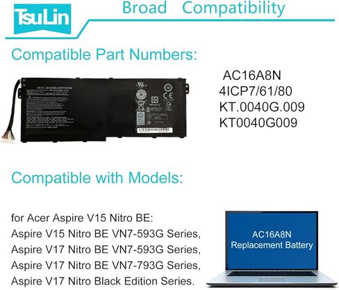 بطارية كمبيوتر محمول AC16A8N 69W لشركة أيسر أسباير V15 V17 Nitro BE VN7-593G VN7-593G-54L3 V17 VN7-793G Nitro Black Edition Series 4ICP7/61/80 15.2 فولت 4605 مللي أمبير في الساعة 4 خلايا in Kuwait