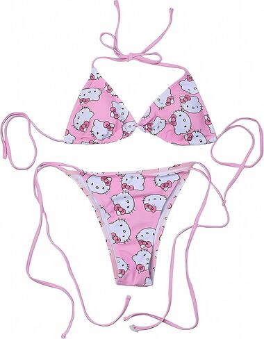 Two Piece Swimsuit for Women Triangle Thong Lace Up Halter Bathing Suits High Waisted Sexy Strap Bikini Set Pink in Saudi Arabia