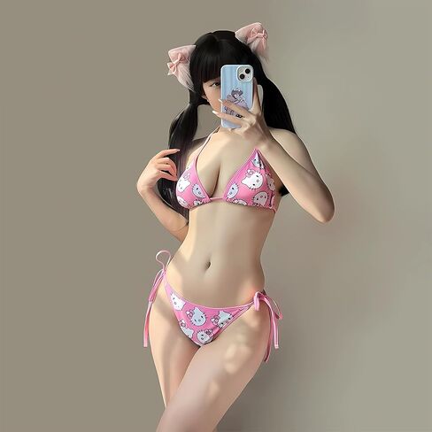 Two Piece Swimsuit for Women Triangle Thong Lace Up Halter Bathing Suits High Waisted Sexy Strap Bikini Set Pink in Saudi Arabia