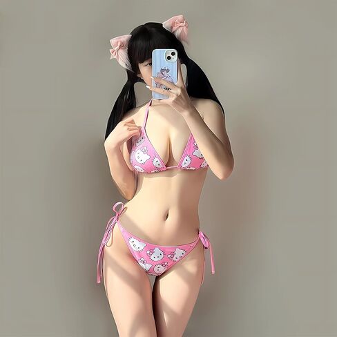 Two Piece Swimsuit for Women Triangle Thong Lace Up Halter Bathing Suits High Waisted Sexy Strap Bikini Set Pink in Saudi Arabia