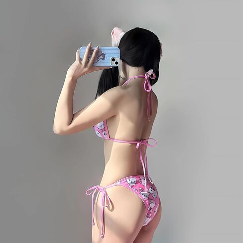 Two Piece Swimsuit for Women Triangle Thong Lace Up Halter Bathing Suits High Waisted Sexy Strap Bikini Set Pink in Saudi Arabia