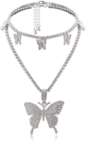 CLOACE كريستال الفراشة المختنق قلادة فضية حجر الراين قلادة القلائد سلسلة التنس سباركلي للنساء والفتيات (فراشة الطبقات (الفضة)) in Kuwait