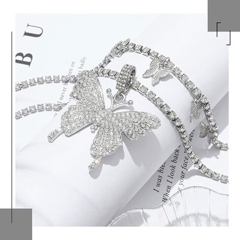 CLOACE كريستال الفراشة المختنق قلادة فضية حجر الراين قلادة القلائد سلسلة التنس سباركلي للنساء والفتيات (فراشة الطبقات (الفضة)) in Kuwait