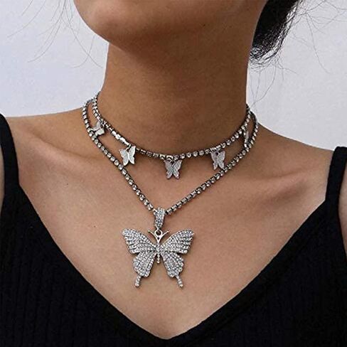 CLOACE كريستال الفراشة المختنق قلادة فضية حجر الراين قلادة القلائد سلسلة التنس سباركلي للنساء والفتيات (فراشة الطبقات (الفضة)) in Kuwait