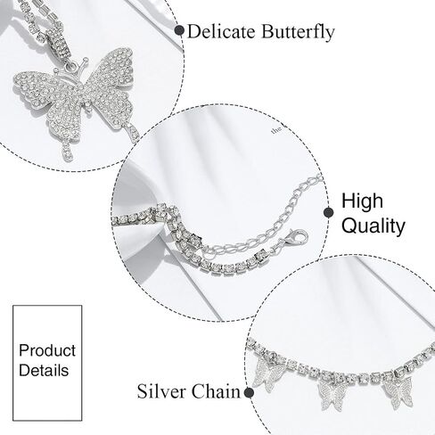 CLOACE كريستال الفراشة المختنق قلادة فضية حجر الراين قلادة القلائد سلسلة التنس سباركلي للنساء والفتيات (فراشة الطبقات (الفضة)) in Kuwait