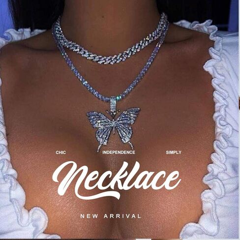 CLOACE كريستال الفراشة المختنق قلادة فضية حجر الراين قلادة القلائد سلسلة التنس سباركلي للنساء والفتيات (فراشة الطبقات (الفضة)) in Kuwait