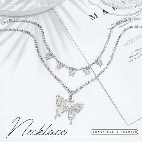 CLOACE كريستال الفراشة المختنق قلادة فضية حجر الراين قلادة القلائد سلسلة التنس سباركلي للنساء والفتيات (فراشة الطبقات (الفضة)) in Kuwait
