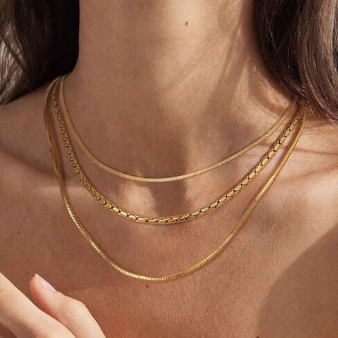 MEVECCO Gold Necklace for Women 18K Vacuum Gold Plated Mariner Chain Necklaces Flat Surface Laser Cut Chain Simple Choker Necklace for Her Jewelry Gifts in Kuwait