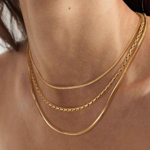 MEVECCO Gold Necklace for Women 18K Vacuum Gold Plated Mariner Chain Necklaces Flat Surface Laser Cut Chain Simple Choker Necklace for Her Jewelry Gifts in Kuwait