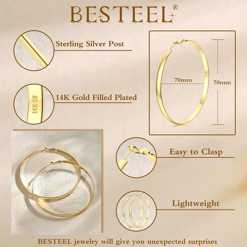 BESTEEL 14K Gold Filled Hoop Earrings for Women, Hypoallergenic Large Gold Hoop Earrings, Lightweight Oversized Big Hoop Earrings Gold for Girls 40mm/50mm/70mm in Saudi Arabia