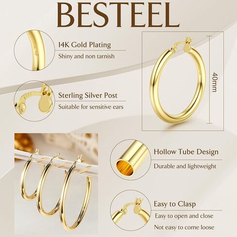 BESTEEL أقراط حلقية مملوءة بالذهب عيار 14 قيراط للنساء، أقراط حلقية ذهبية كبيرة مضادة للحساسية، أقراط حلقية كبيرة الحجم وخفيفة الوزن باللون الذهبي للفتيات 40 مم/50 مم/70 مم in Saudi Arabia