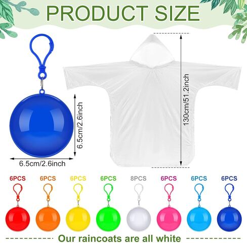 50 Pcs Portable Disposable Emergency Rain Poncho Clear Plastic Raincoat in Ball with Hook Waterproof Rain Coat Adults Teens And Kids Over 10 Years Old Traveling Camping Cycling 8 Colors in Saudi Arabia