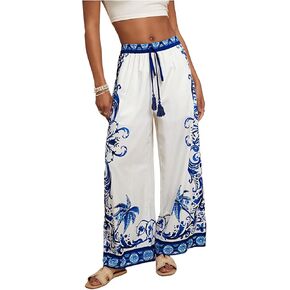 Makemechic Women's Boho Floral Wide Leg Summer Haction Pants Prating Elastic Weist Sould Sould Breans in Kuwait