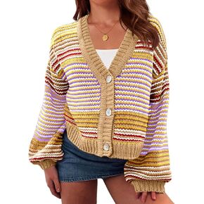 Saodimallsu Womens Striped Cardigan Sweaters Oversized Puff Sleeve Button Up V Neck Color Block Knit Sweater Coat in Kuwait