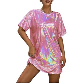 SHENHE Women's Y2k Shiny Holographic Short Sleeve Metallic Party Disco Oversized Tshirt Dress in Saudi Arabia