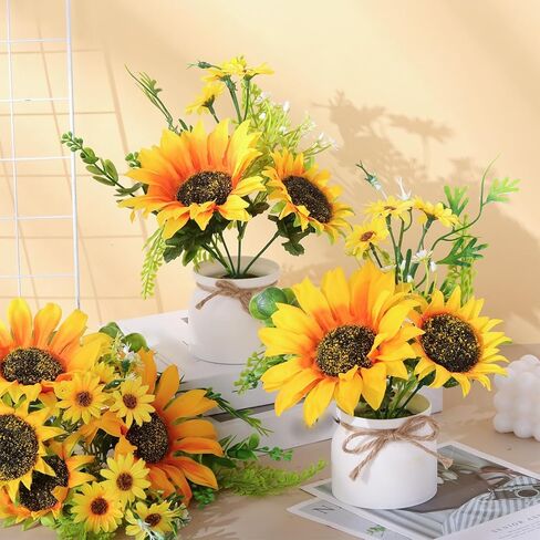 Zeyune 8 Pcs Artificial Sunflower Potted Plants Rustic Silk Sunflowers for Kitchen Spring Sunflower Centerpieces for Tables Yellow Fake Flower with Plastic Pot for Summer Bathroom Wedding Office in Saudi Arabia