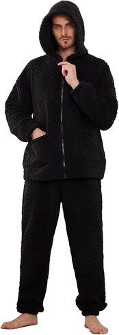 Vulcanodon Mens Plush Hooded Zipper Pajama Set, Soft Warm Long Sleeve Sleepwear with Pockets Fluffy Fuzzy Cozy Pjs in Kuwait