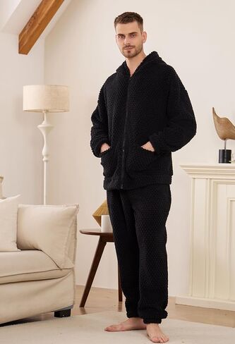 Vulcanodon Mens Plush Hooded Zipper Pajama Set, Soft Warm Long Sleeve Sleepwear with Pockets Fluffy Fuzzy Cozy Pjs in Kuwait