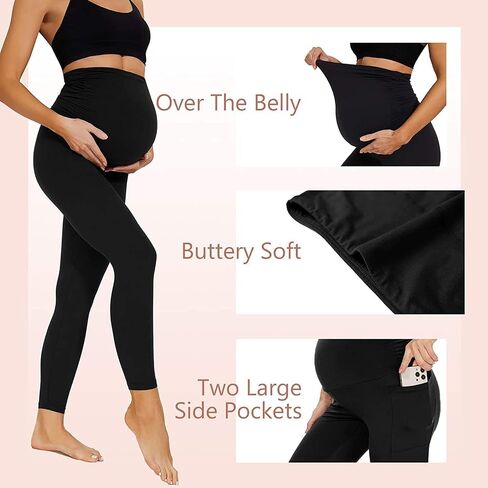 Maternity Leggings with Pockets – Over-The-Belly Supportive Pregnancy Pants – Soft Stretchy & Squat-Proof for All-Day Comfort in Saudi Arabia