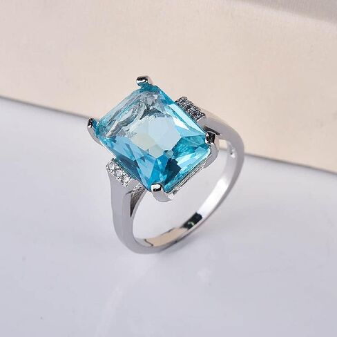 Bicheng Fashionable Women 925 Silver Aquamarine Cut Sapphire Engagement Ring Wedding Ring (6) in Saudi Arabia
