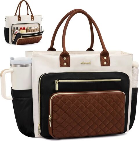 LOVEVOOK Teacher Tote Bag for Women Work, Laptop Bag With Large Cup Holder, Nurse Bags Professional Briefcase Business Computer Purses Bible Handbag Gifts, Black-Beige-Brown, 15.6 Inch in Saudi Arabia