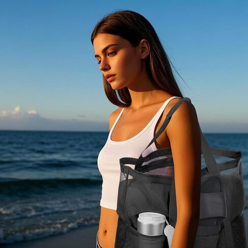 uxcell Mesh Beach Tote Bag, 1Pcs 17" x 13" x 5" Upgraded Beach Towel Bags, Waterproof Pool Bag for Beach Vacation and Travel Daily (White) in Saudi Arabia
