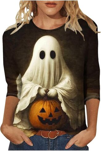 2025 Halloween Shirts for Women 3/4 Sleeve Funny Print Halloween Costumes Tunic Tops Vintage Festival Sweatshirt Gift in Saudi Arabia