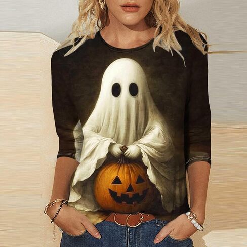 2025 Halloween Shirts for Women 3/4 Sleeve Funny Print Halloween Costumes Tunic Tops Vintage Festival Sweatshirt Gift in Saudi Arabia