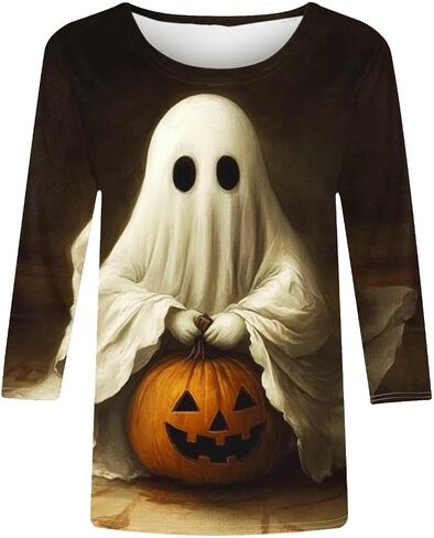 2025 Halloween Shirts for Women 3/4 Sleeve Funny Print Halloween Costumes Tunic Tops Vintage Festival Sweatshirt Gift in Saudi Arabia