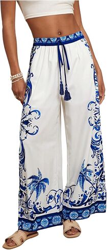 Makemechic Women's Boho Floral Wide Leg Summer Haction Pants Prating Elastic Weist Sould Sould Breans in Kuwait