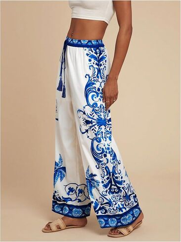 Makemechic Women's Boho Floral Wide Leg Summer Haction Pants Prating Elastic Weist Sould Sould Breans in Kuwait