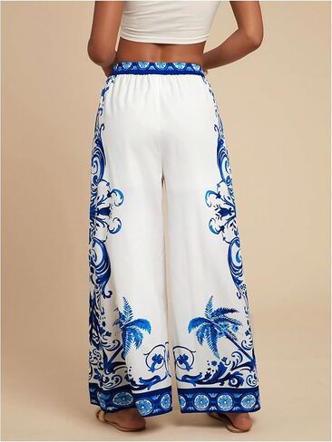 Makemechic Women's Boho Floral Wide Leg Summer Haction Pants Prating Elastic Weist Sould Sould Breans in Kuwait