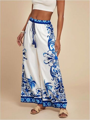 Makemechic Women's Boho Floral Wide Leg Summer Haction Pants Prating Elastic Weist Sould Sould Breans in Kuwait