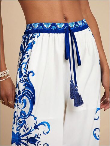 Makemechic Women's Boho Floral Wide Leg Summer Haction Pants Prating Elastic Weist Sould Sould Breans in Kuwait