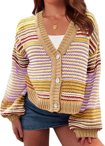 Saodimallsu Womens Striped Cardigan Sweaters Oversized Puff Sleeve Button Up V Neck Color Block Knit Sweater Coat in Saudi Arabia