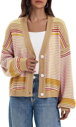Saodimallsu Womens Striped Cardigan Sweaters Oversized Puff Sleeve Button Up V Neck Color Block Knit Sweater Coat in Saudi Arabia