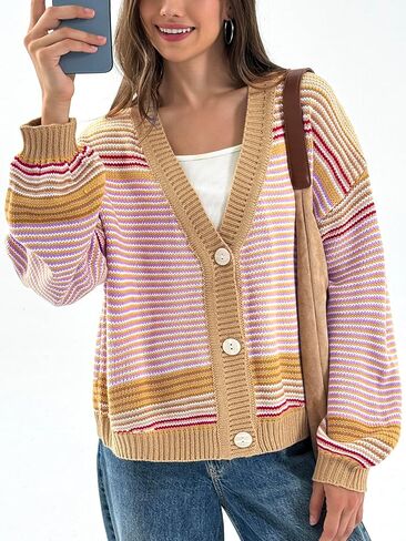 Saodimallsu Womens Striped Cardigan Sweaters Oversized Puff Sleeve Button Up V Neck Color Block Knit Sweater Coat in Saudi Arabia