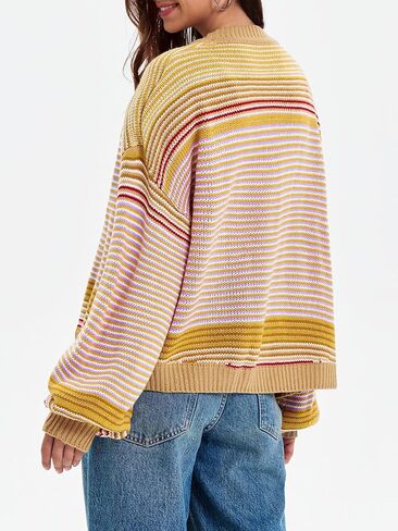 Saodimallsu Womens Striped Cardigan Sweaters Oversized Puff Sleeve Button Up V Neck Color Block Knit Sweater Coat in Saudi Arabia