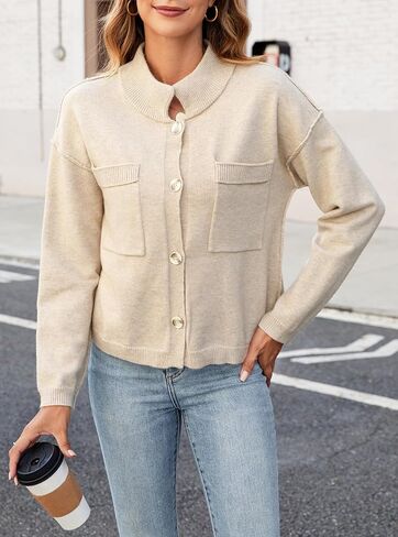 Ladyful Women's Cropped Cardigan Sweater Open Front Long Sleeve Button Down Knit Collared Outerwear Coats in Saudi Arabia