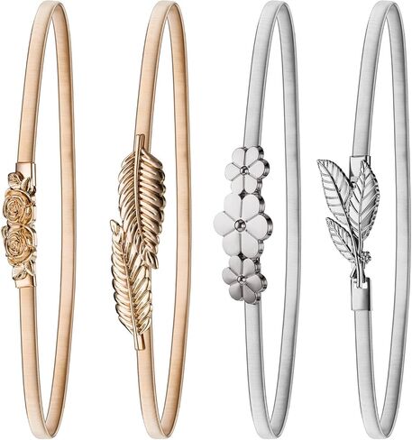 4 Pieces Women Elastic Waist Belt Stretch Metal Dress Belt for Women, Silver and Gold in Saudi Arabia