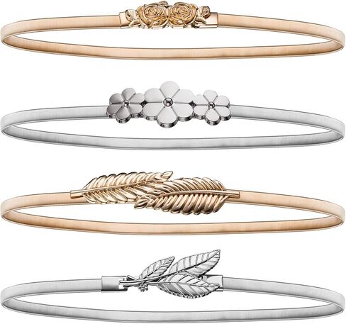 4 Pieces Women Elastic Waist Belt Stretch Metal Dress Belt for Women, Silver and Gold in Saudi Arabia