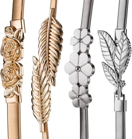 4 Pieces Women Elastic Waist Belt Stretch Metal Dress Belt for Women, Silver and Gold in Saudi Arabia